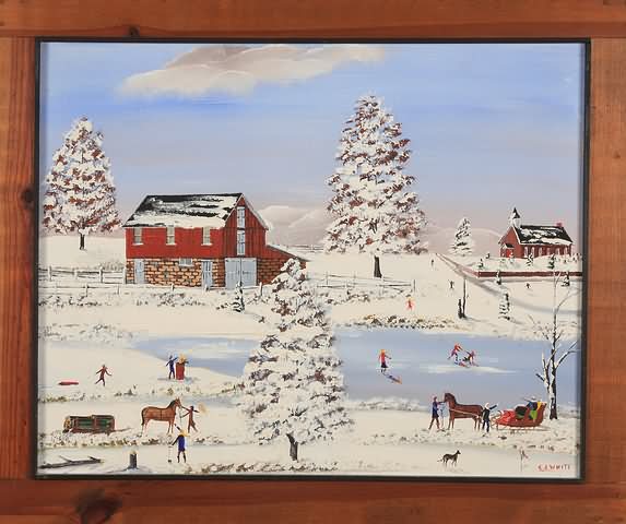 Appraisal: Winter landscape with horse drawn sleigh by pond with ice