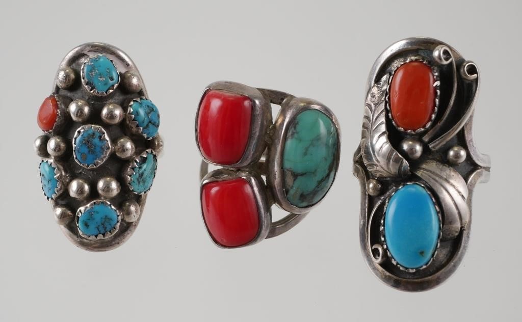 Appraisal: Three Native American Navajo sterling turquoise red coral rings Each