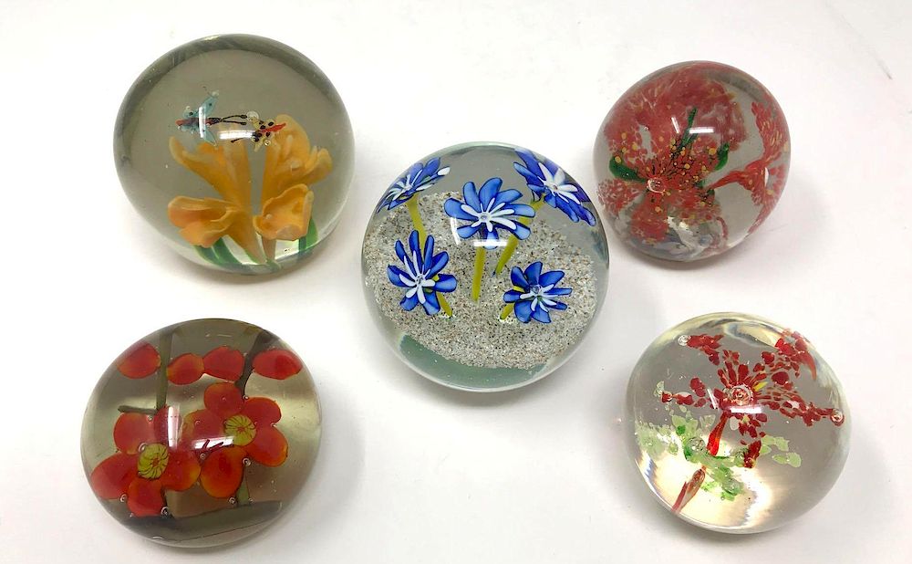 Appraisal: Five Floral Art Glass Paperweights Lot Five Floral Art Glass