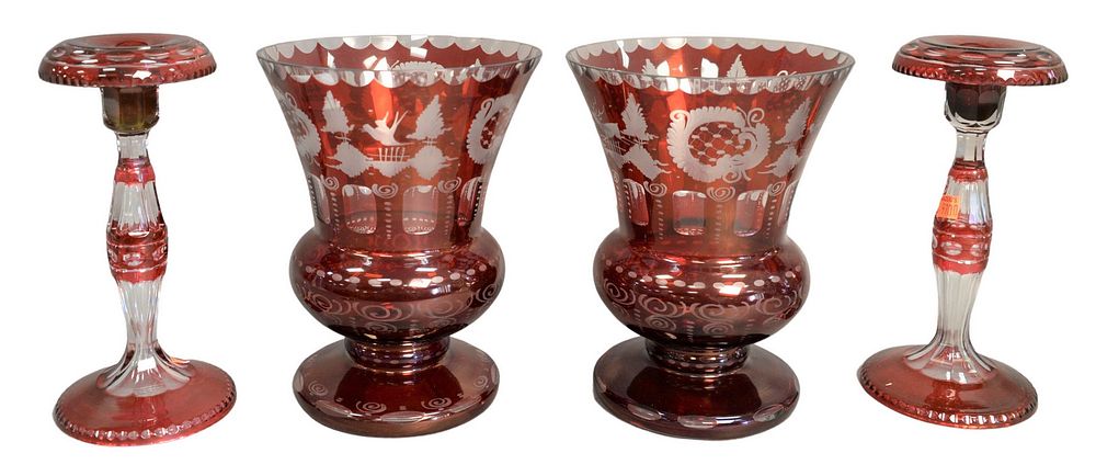 Appraisal: Two Pairs of Cranberry Cut to Clear Glass to include