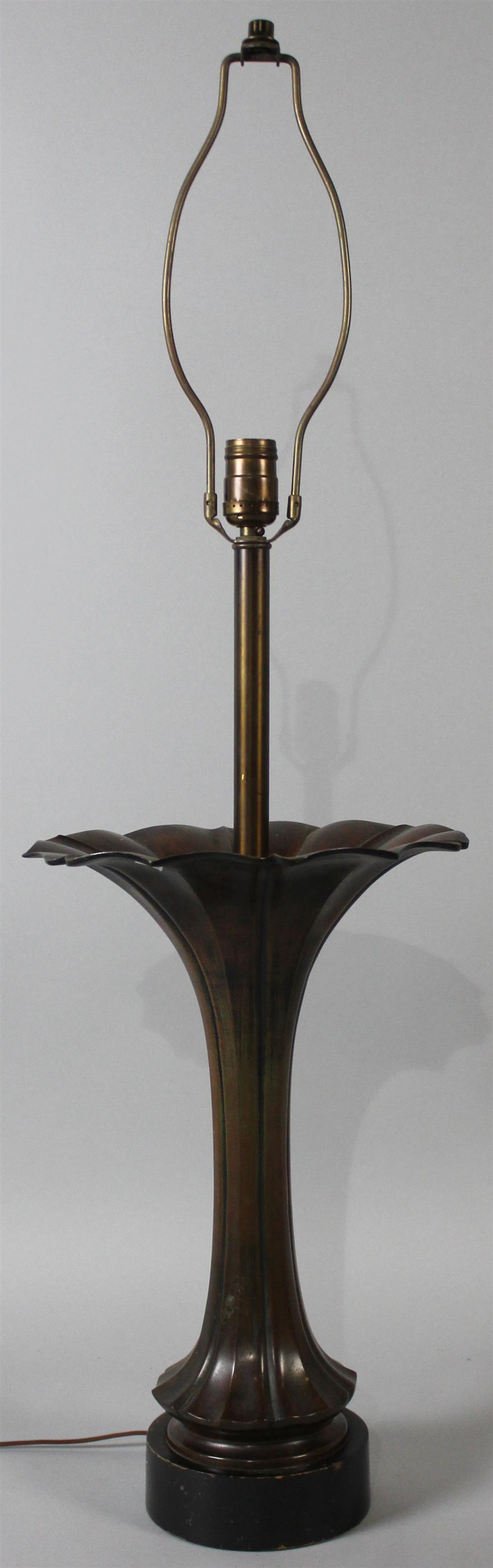 Appraisal: ELEGANT JAPANESE BRONZE LAMP trumpet form on wooden base -