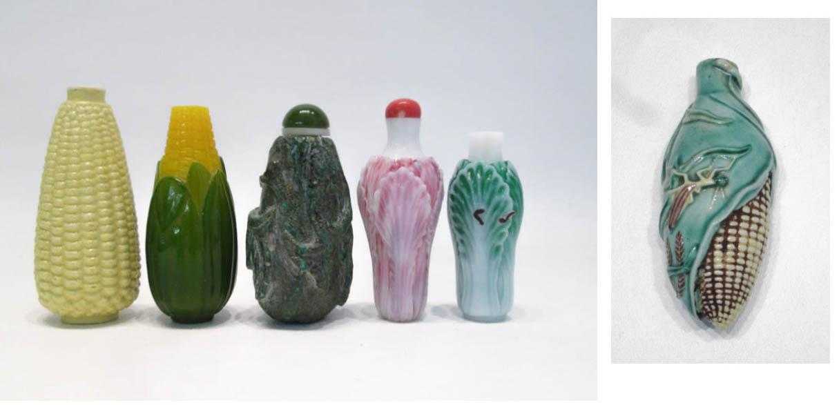 Appraisal: SIX CHINESE GLASS PORCELAIN AND STONE VEGETABLE SNUFF BOTTLES depicting