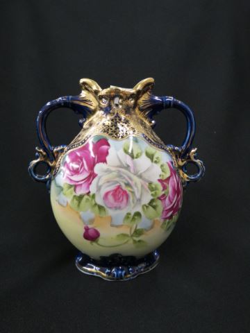 Appraisal: Pre-Nippon Handpainted Porcelain Vase floral cobalt and gold trim handled