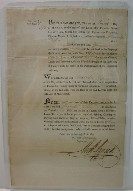 Appraisal: VARICK RICHARD Partly-printed Document Signed Rich Varick as Mayor of