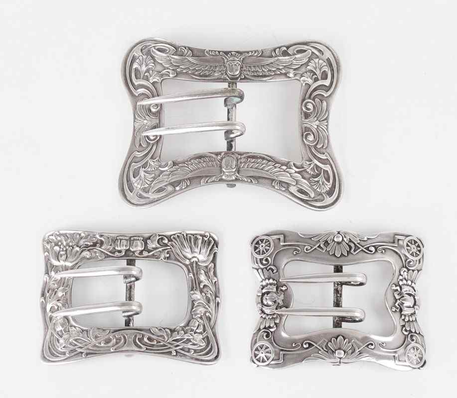 Appraisal: UNGER BROTHERS ART NOUVEAU STERLING BELT BUCKLES Assorted motifs including