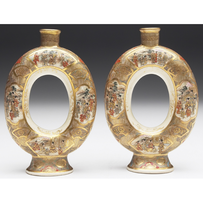 Appraisal: Unusual Satsuma vases pair Meiji period oval ring form with