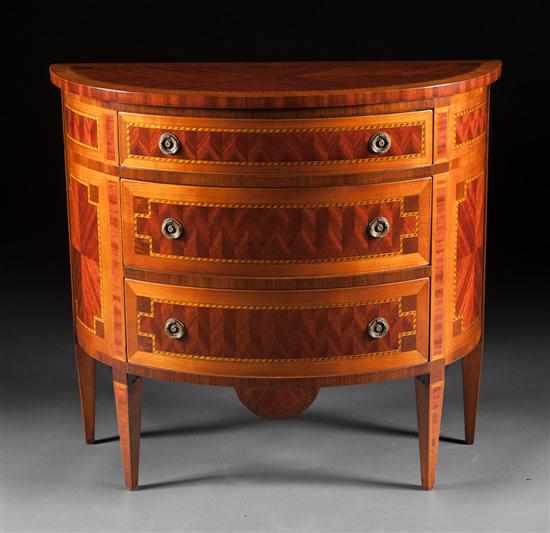 Appraisal: Contemporary Italian parquetry inlaid three-drawer demilune commode in the th