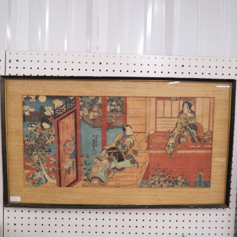 Appraisal: Japanese Woodblock Tryptich scene with Samarri warrior and two Geisha