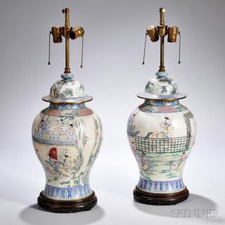 Appraisal: Pair of Canton Enamel Covered Jars Mounted as Lamps China