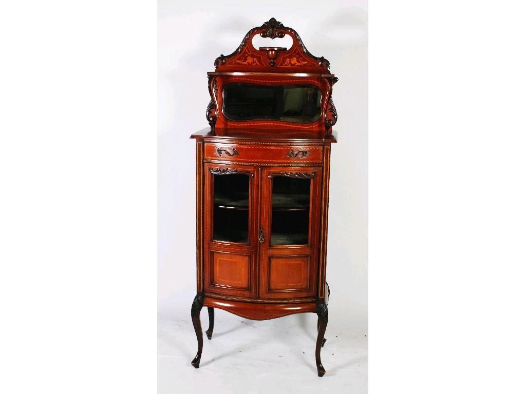 Appraisal: SMALL EDWARDIAN INLAID AND CARVED MAHOGANY BOW FRONTED DISPLAY CABINET