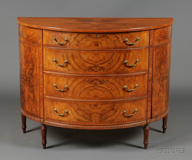 Appraisal: English Walnut Demilune Side Cabinet th century with three drawers