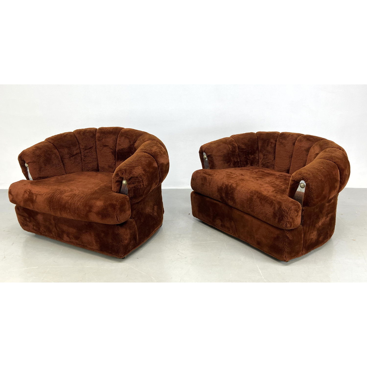 Appraisal: Pr IMAGE Furniture Barrel Back Lounge Chairs Plush brown fuzzy