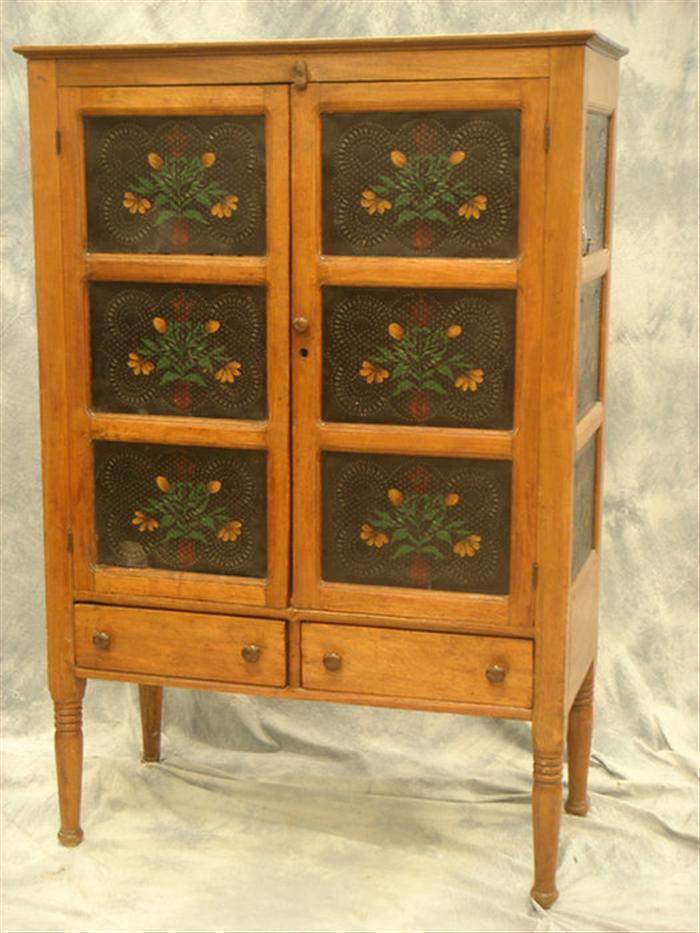 Appraisal: Walnut pie safe with paint decorated pierced tins two drawers