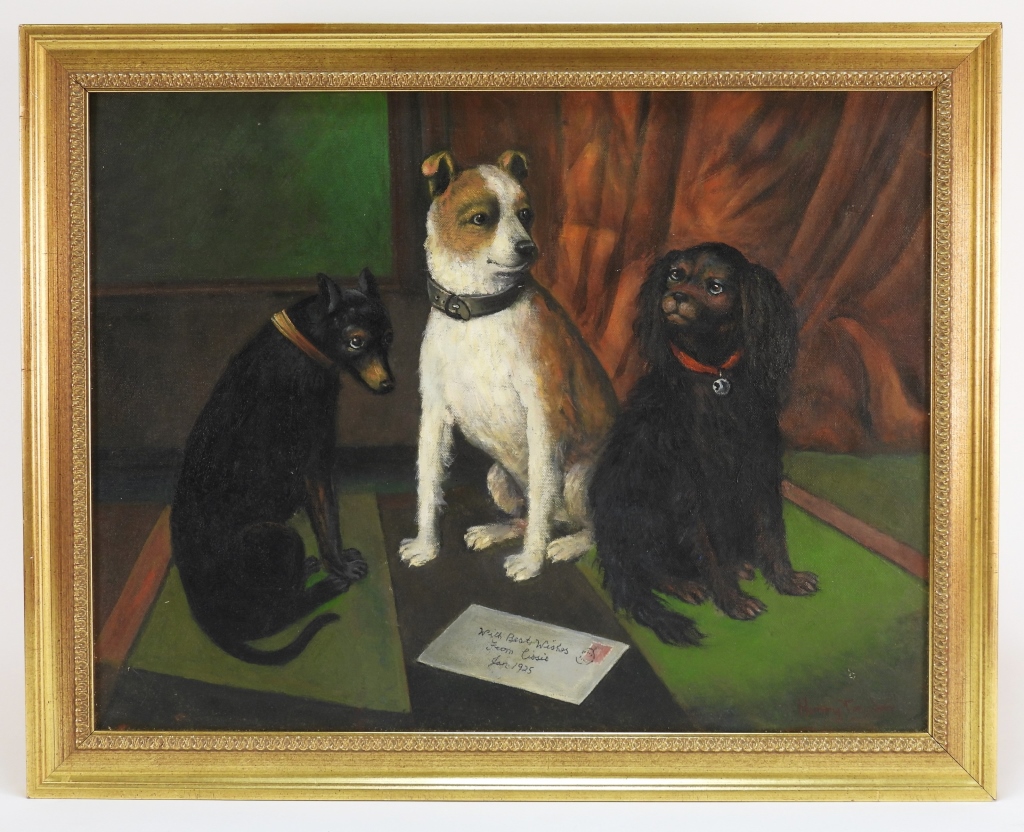 Appraisal: HARRY TAYLOR THREE FOLK ART DOGS PORTRAIT PAINTING United States