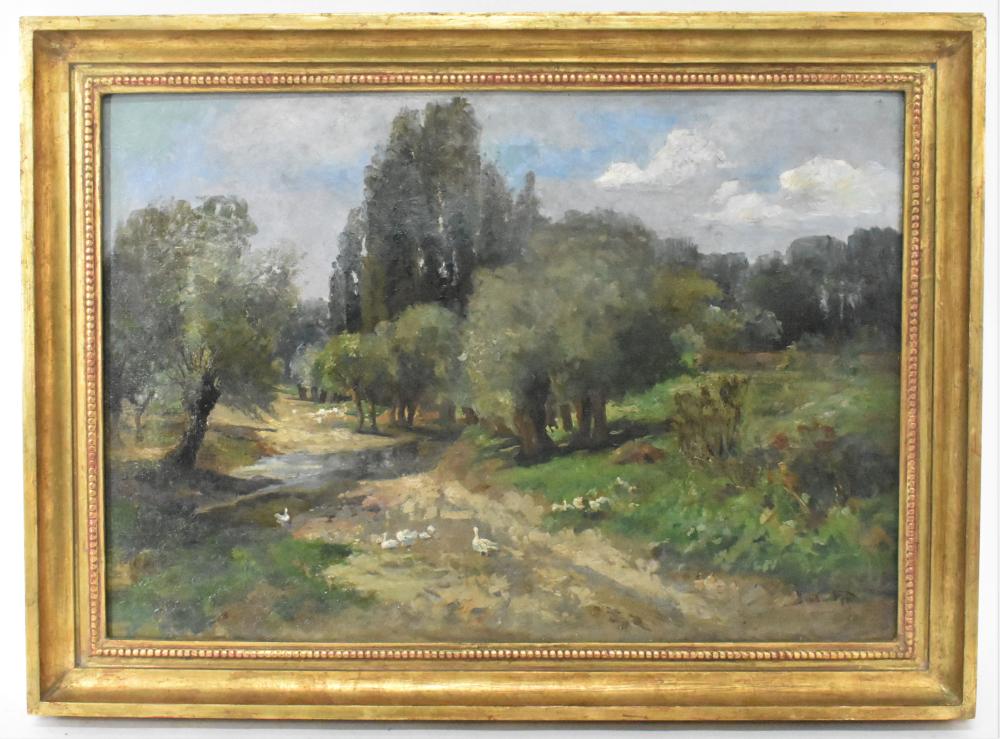 Appraisal: Woodland Landscape with a Brook and Ducks Signed lower right