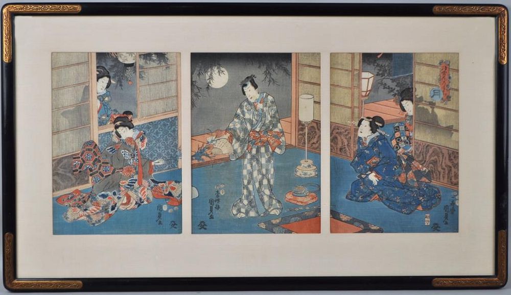 Appraisal: Framed Japanese Tryptich Woodblock Print Utagawa Kunisada Getsuskkwa featuring Prince