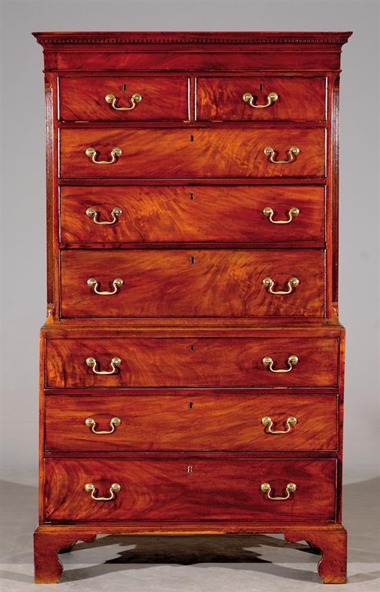 Appraisal: George III style carved mahogany chest-on-chest mid th century dentil-molded