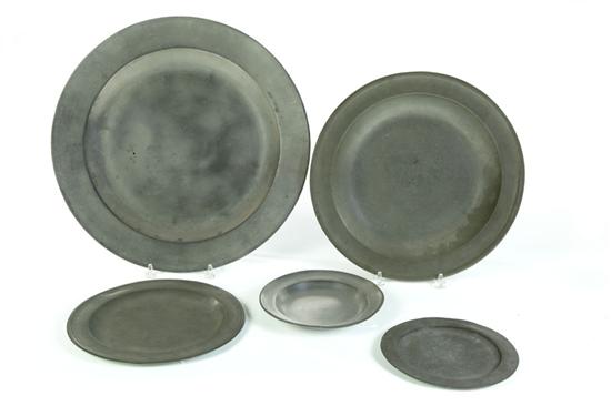 Appraisal: FIVE PEWTER CHARGERS AND PLATES European th century Partial touches