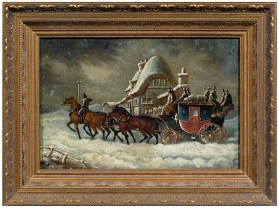 Appraisal: th century coaching scene painting winter landscape with team of