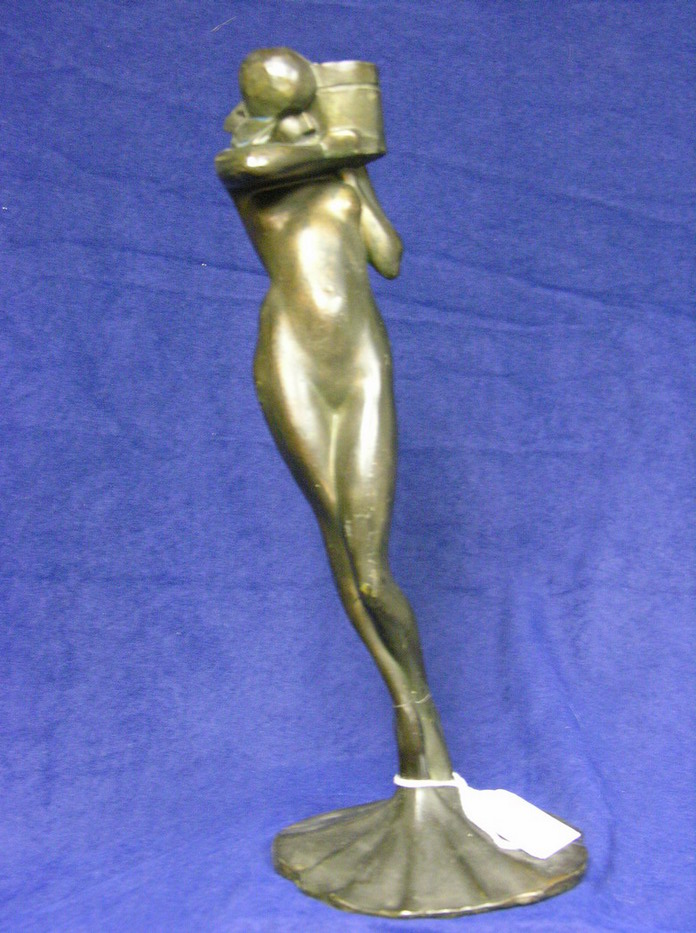 Appraisal: SPELTER NUDE ART NOUVEAU CANDLEHOLDER Signed Art Hur Yon Frankenburg