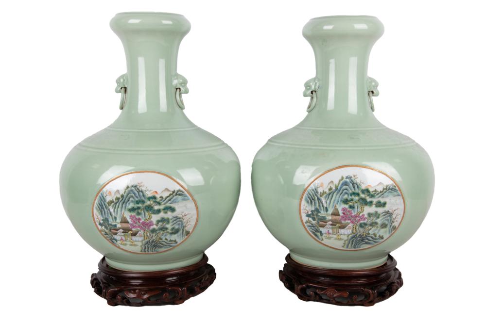 Appraisal: PAIR OF CHINESE CELADON PORCELAIN VASESmarked to underside each with