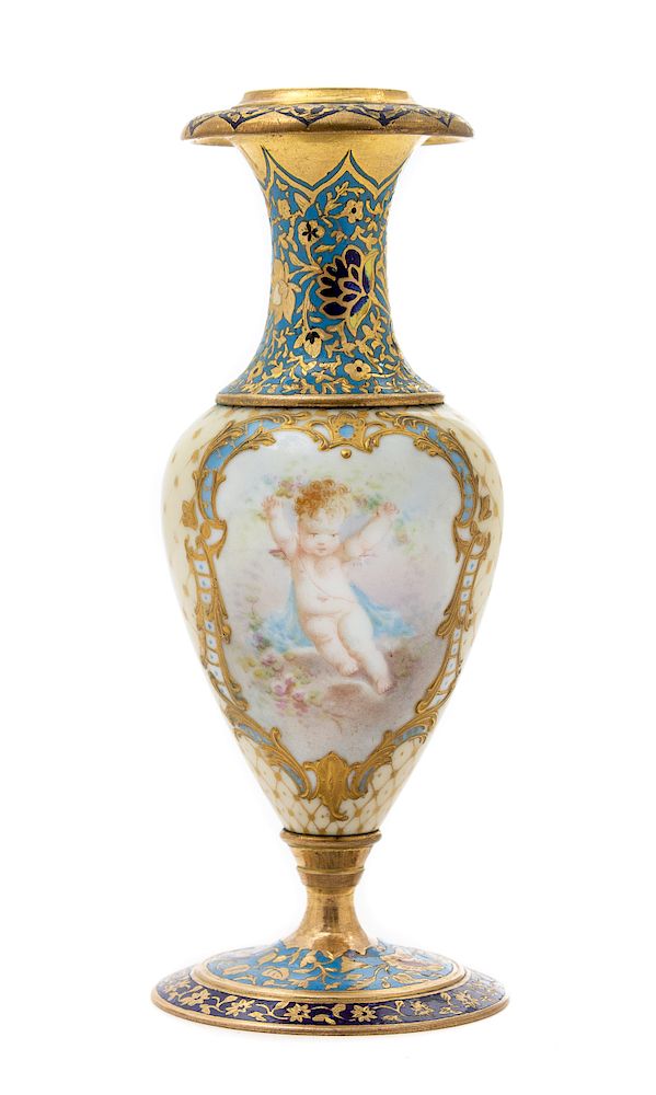 Appraisal: A Sevres Style Porcelain and Champleve Cabinet Vase Height inches