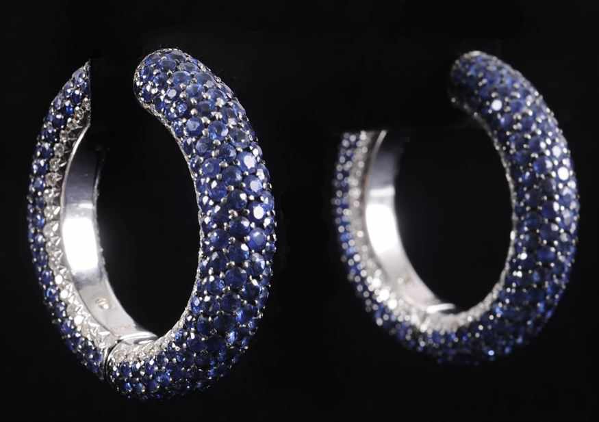 Appraisal: LARGE PAIR OF GOLD SAPPHIRE AND DIAMOND PAV HOOP EARRINGS