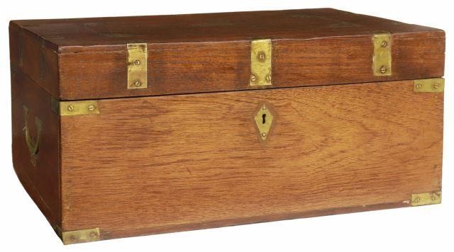 Appraisal: British Colonial brass-bound teak fitted box early th c hinged