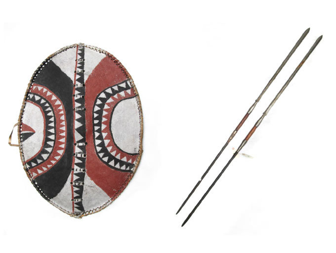 Appraisal: AFRICAN TRIBAL SHIELD AND TWO SPEARS Maasai tribe a semi-Nomadic