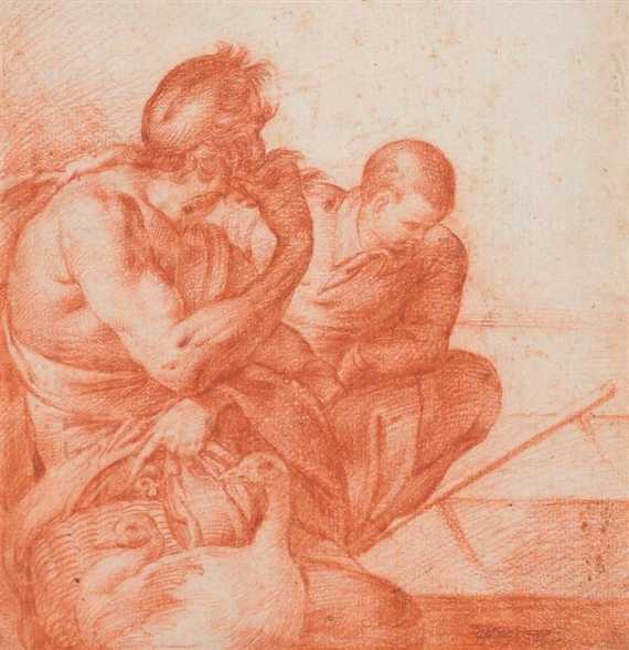 Appraisal: FLORENTIAN CENTURY Two men squatting with basket and poultry Drawing