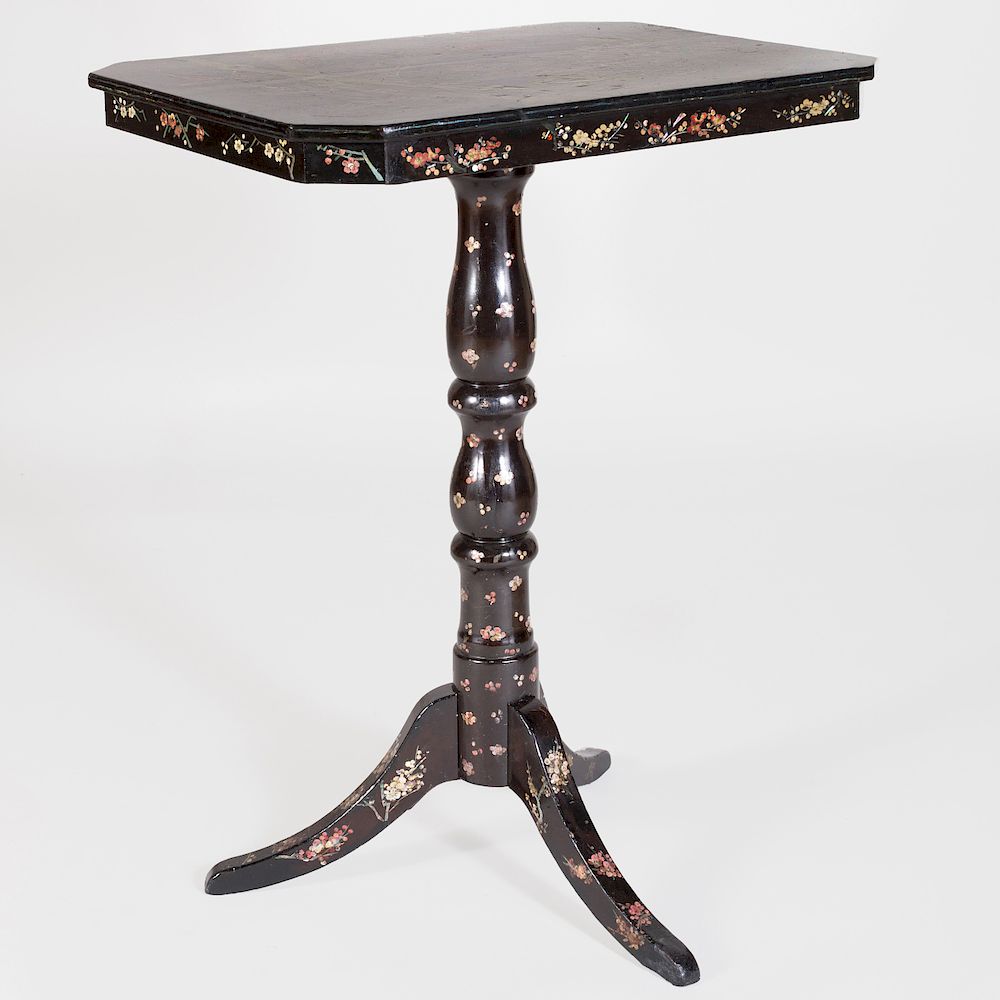 Appraisal: Black Lacquer and Mother-of-Pearl Inlaid Tripod Table In the Japanese