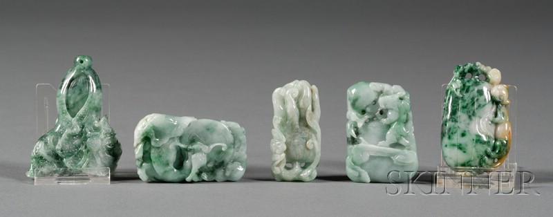 Appraisal: Five Jade Pendants bright green carved as a Chinese cabbage