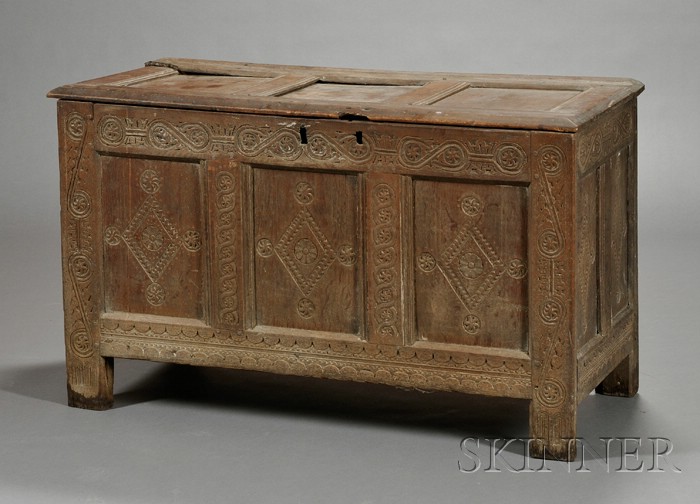 Appraisal: Jacobean Carved Oak Coffer rectangular top and case carved with