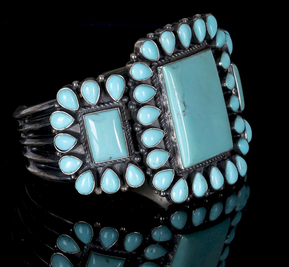 Appraisal: ANTHONY SKEETS TEARDROP TURQUOISE CLUSTER BRACELET An Anthony Skeets sterling