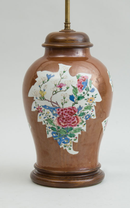 Appraisal: CHINESE EXPORT CAFE AU LAIT-GROUND FAMILLE ROSE PORCELAIN JAR MOUNTED