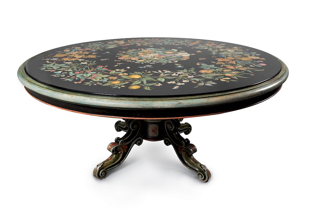 Appraisal: An Italian Scagiola and Polychromed Wood Circular Pedestal Table An