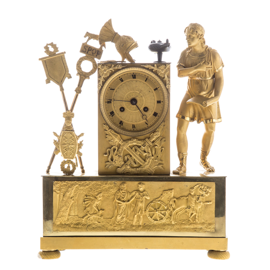 Appraisal: French Empire bronze dore figural mantel clock circa elaborate gilt-bronze