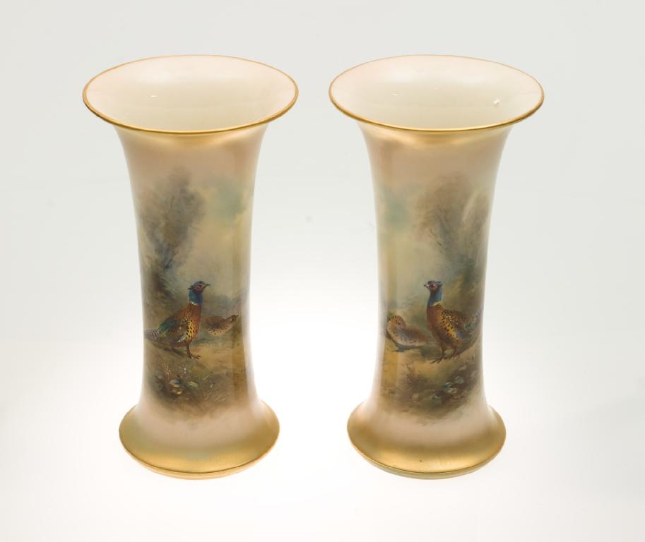 Appraisal: PAIR OF ROYAL WORCESTER PORCELAIN FLARED CYLINDRICAL VASES PAINTED BY