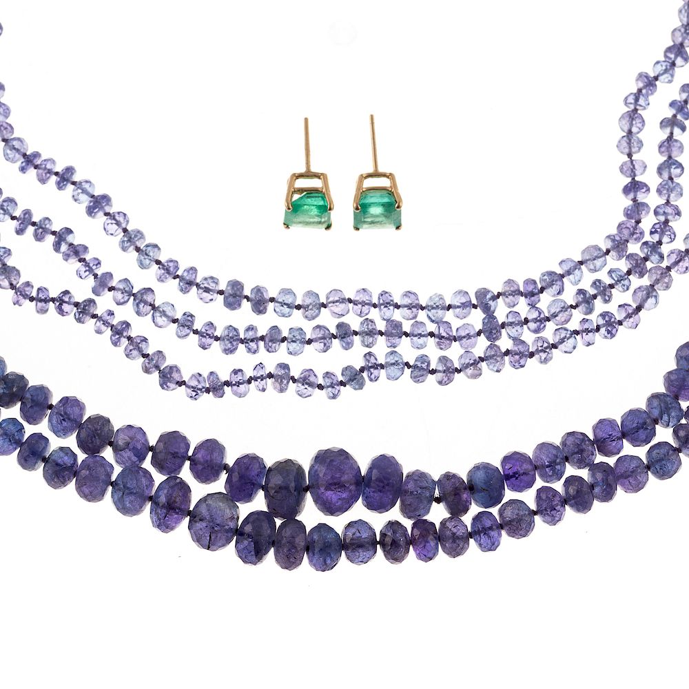 Appraisal: Two Tanzanite Necklaces Emerald Studs in K triple strand of