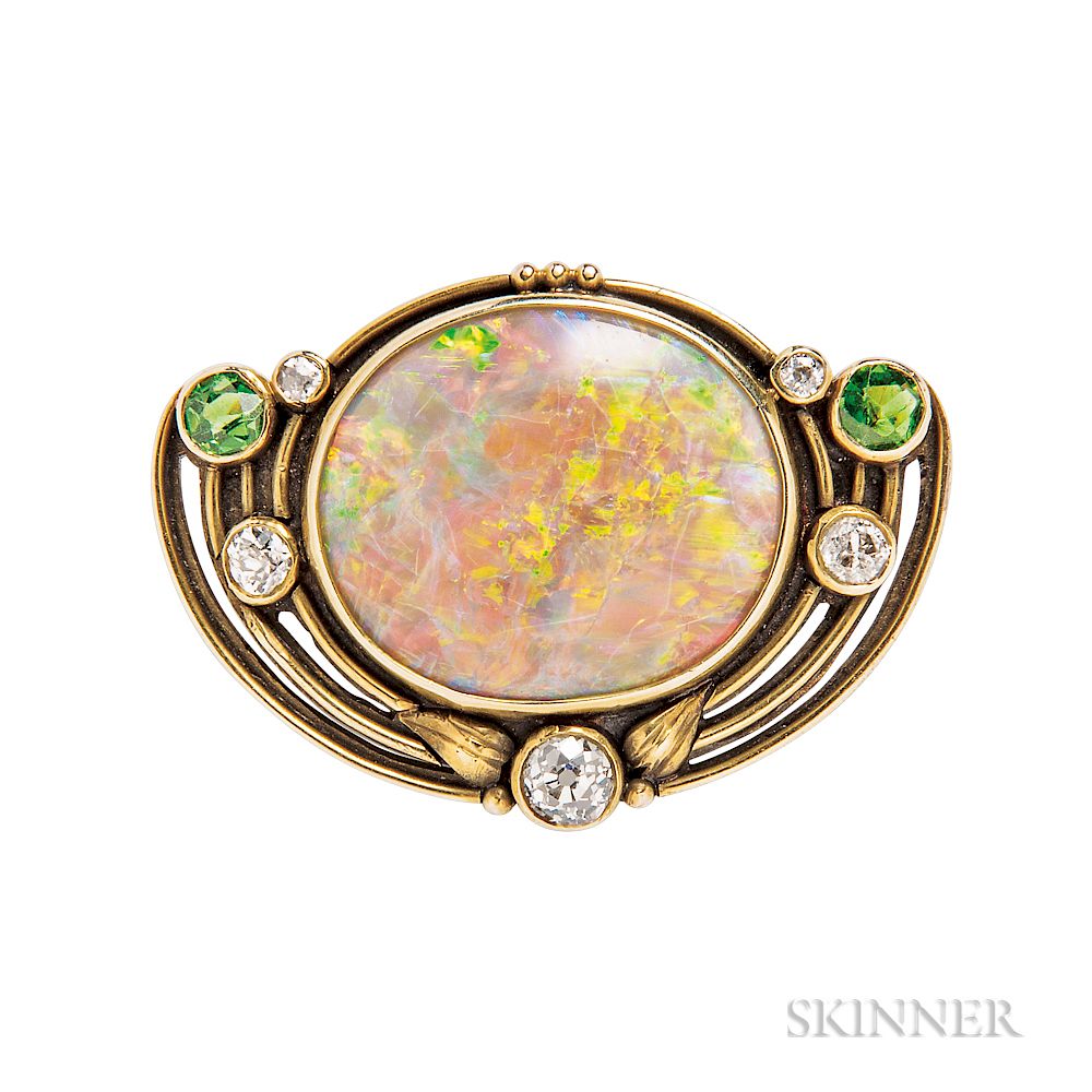 Appraisal: Arts and Crafts Gold Opal and Demantoid Garnet Brooch Arts