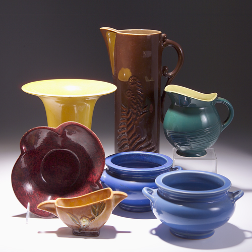 Appraisal: Seven ROSEVILLE pieces to include a yellow Rosecraft Color flaring