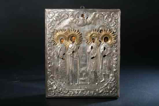 Appraisal: RUSSIAN ICON WITH SAINTS th century Tempera gesso and gilding