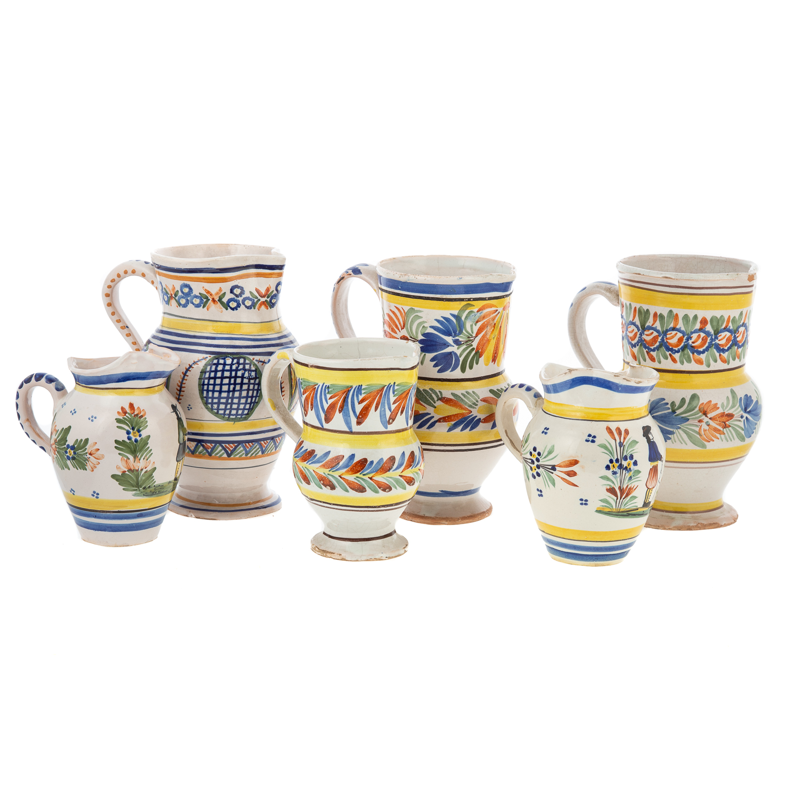 Appraisal: SIX QUIMPER FAIENCE JUGS th century three Henriot Quimper jugs