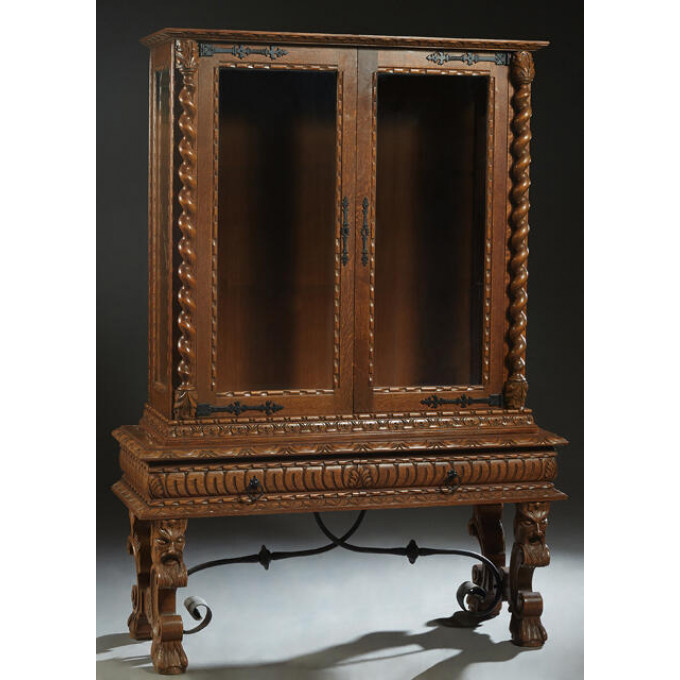 Appraisal: French Henri II Style Carved Oak Vitrine c the carved