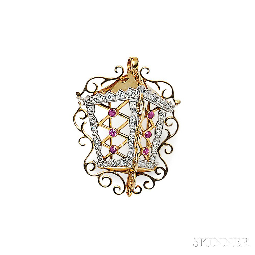 Appraisal: kt Gold Platinum Ruby and Diamond Pendant Brooch designed as