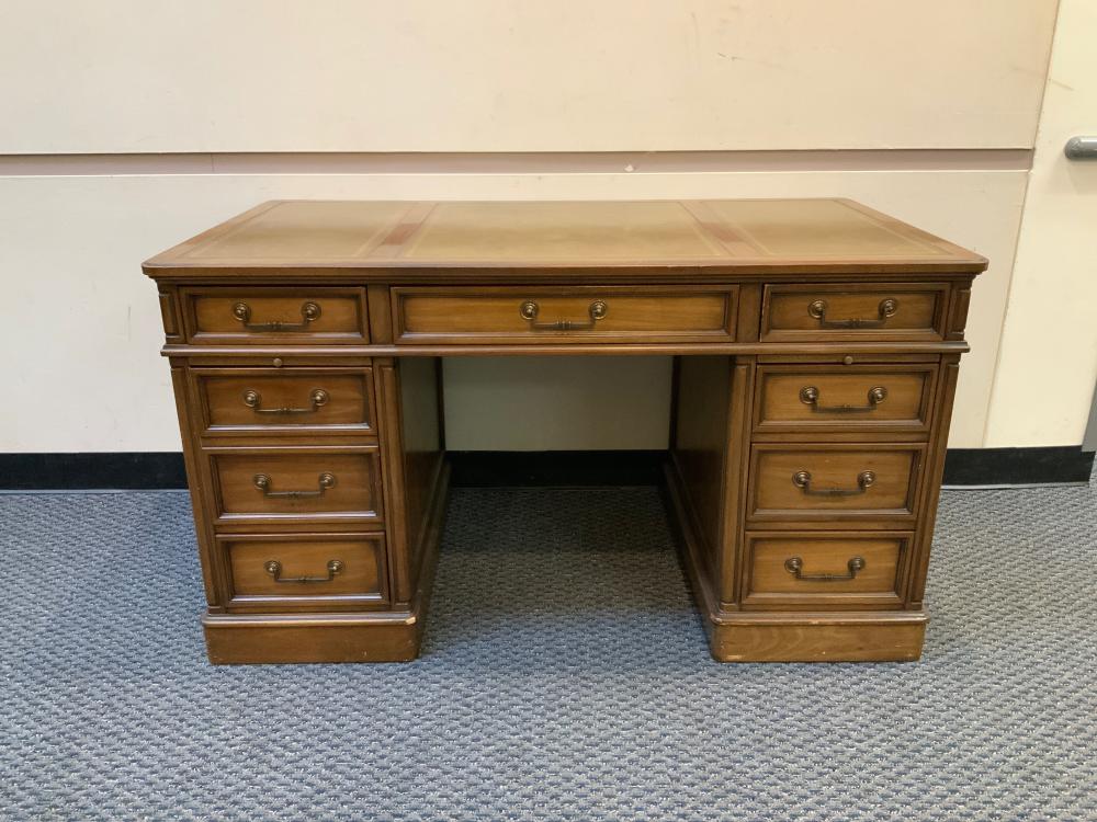 Appraisal: Edwardian Style Fruitwood and Tooled Leather Inset Top Double Pedestal