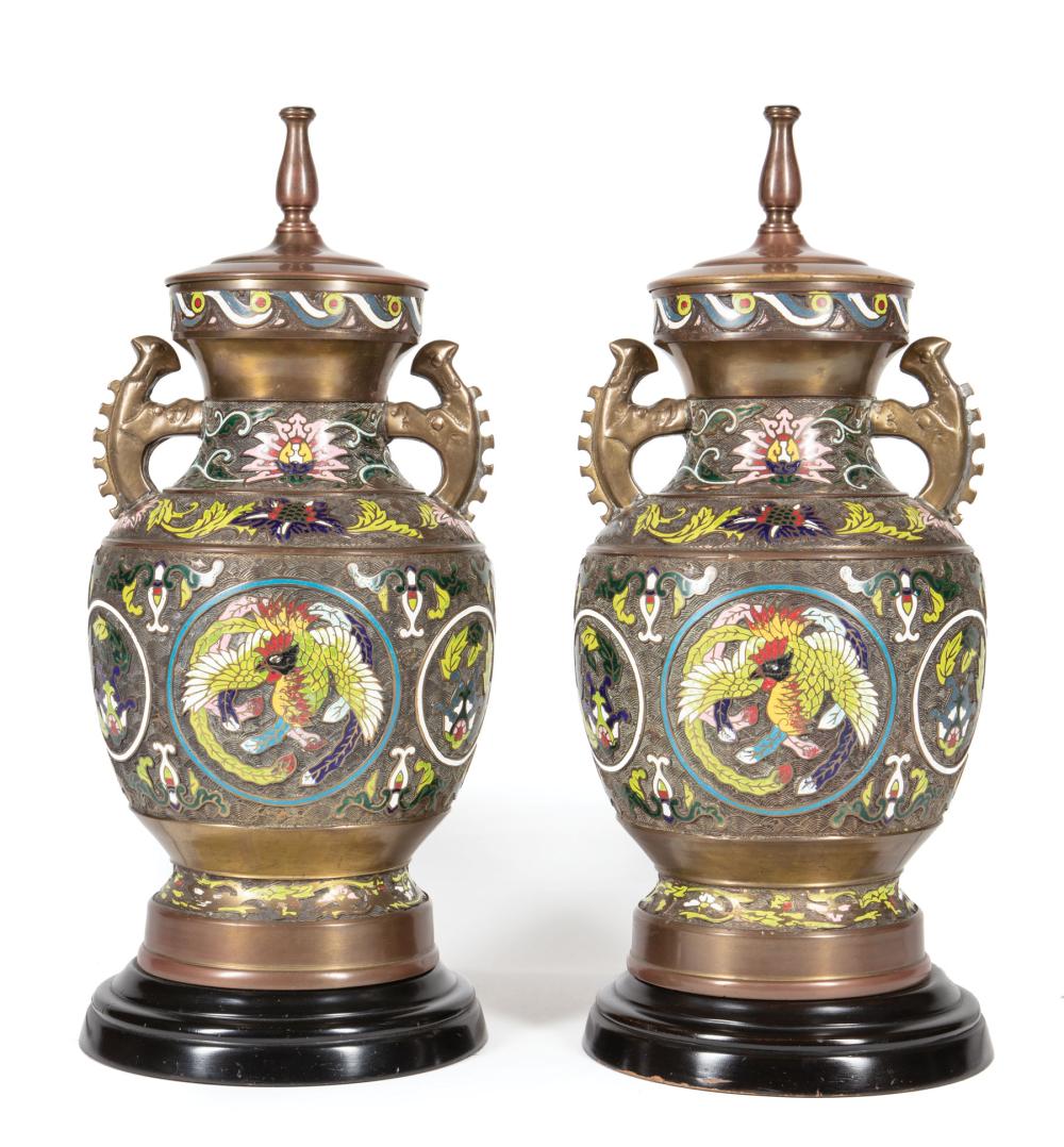 Appraisal: Pair of Asian Bronze and Cloisonne Enamel Lamps raised phoenix