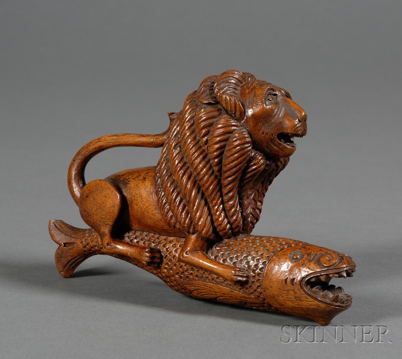 Appraisal: Carved Walnut Allegorical Figure of a Lion on a Fish