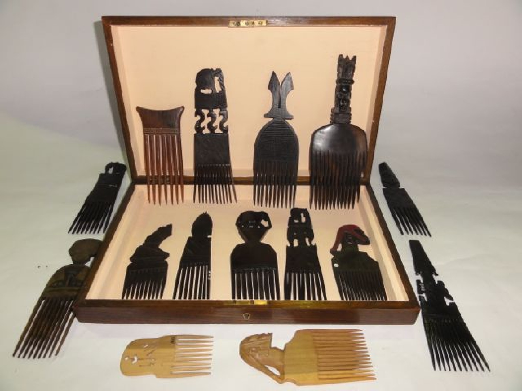 Appraisal: A vintage timber box containing an assortment of hardwood combs