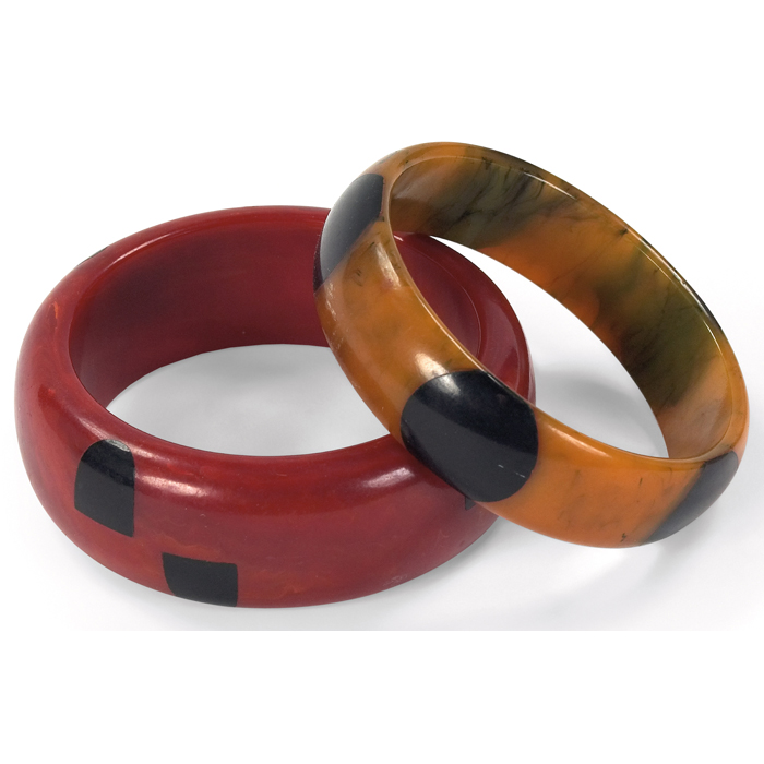 Appraisal: Bakelite bracelets two red with black decoration thick w and